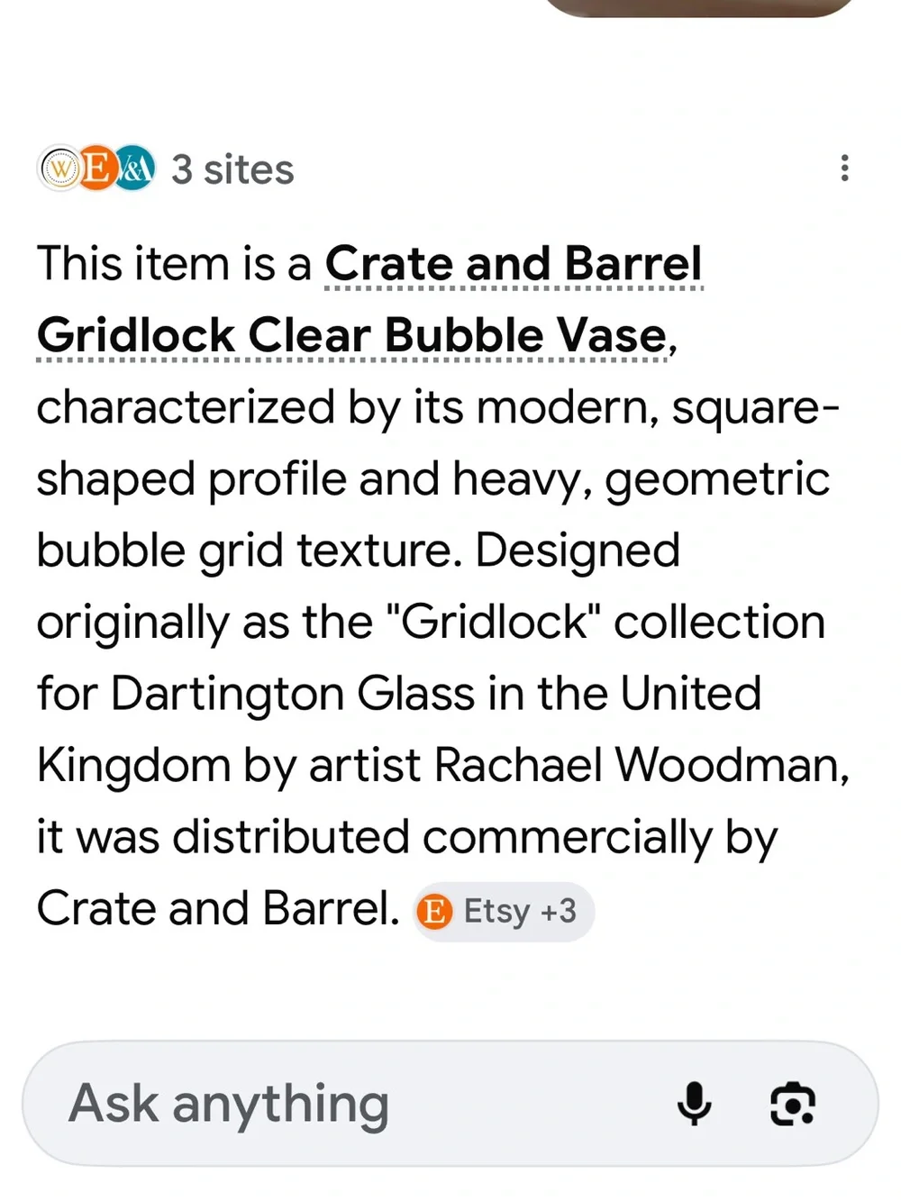 Vintage Crate & Barrel Gridlock Clear Bubble Vase. Small chip. Amber tint.